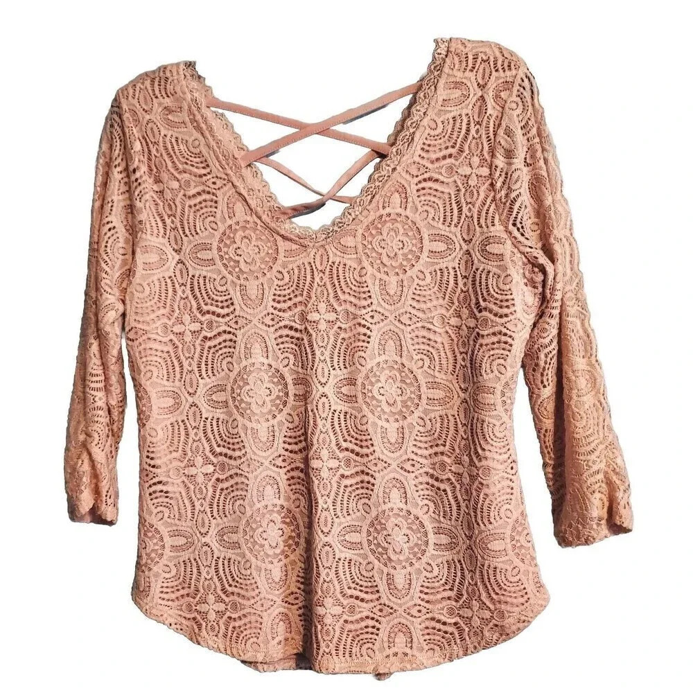 No Boundaries Blouse Pink Lace Womens Large Juniors 11‎ 13 Vneck